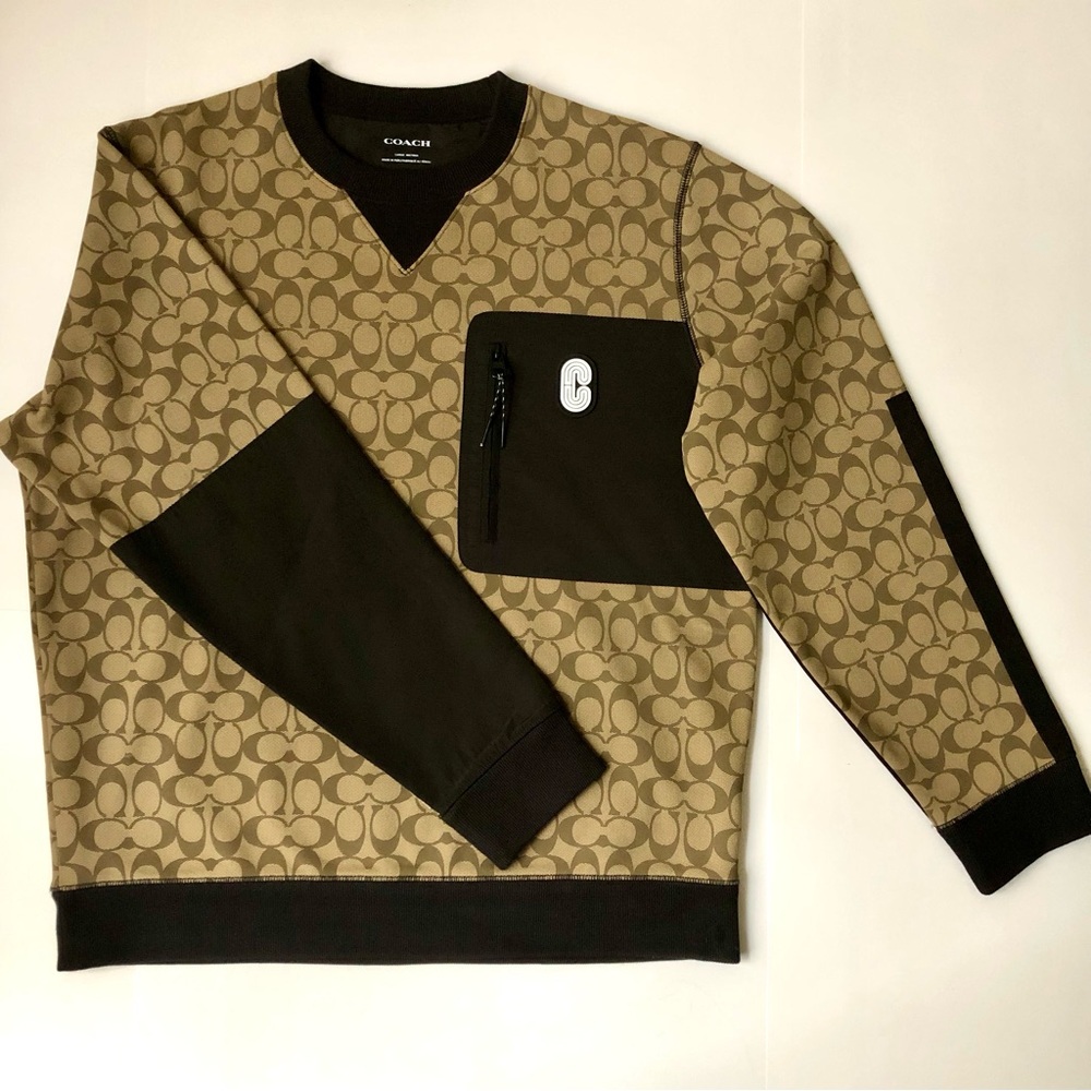 COACH - Mix Media Khaki Signature C Series Mock Crew Neck Sweatshirt - Men’s - L